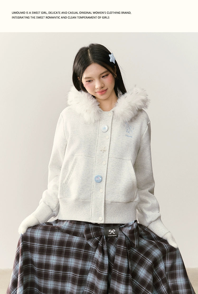 Umoumo Loose Puppy Embroidered Fur Collar Hooded Fleece Sweater