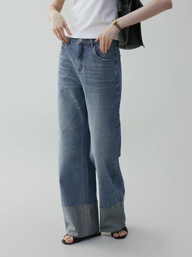 VOOE Korean Loose Fold-Over Curled Wide-Leg Jeans