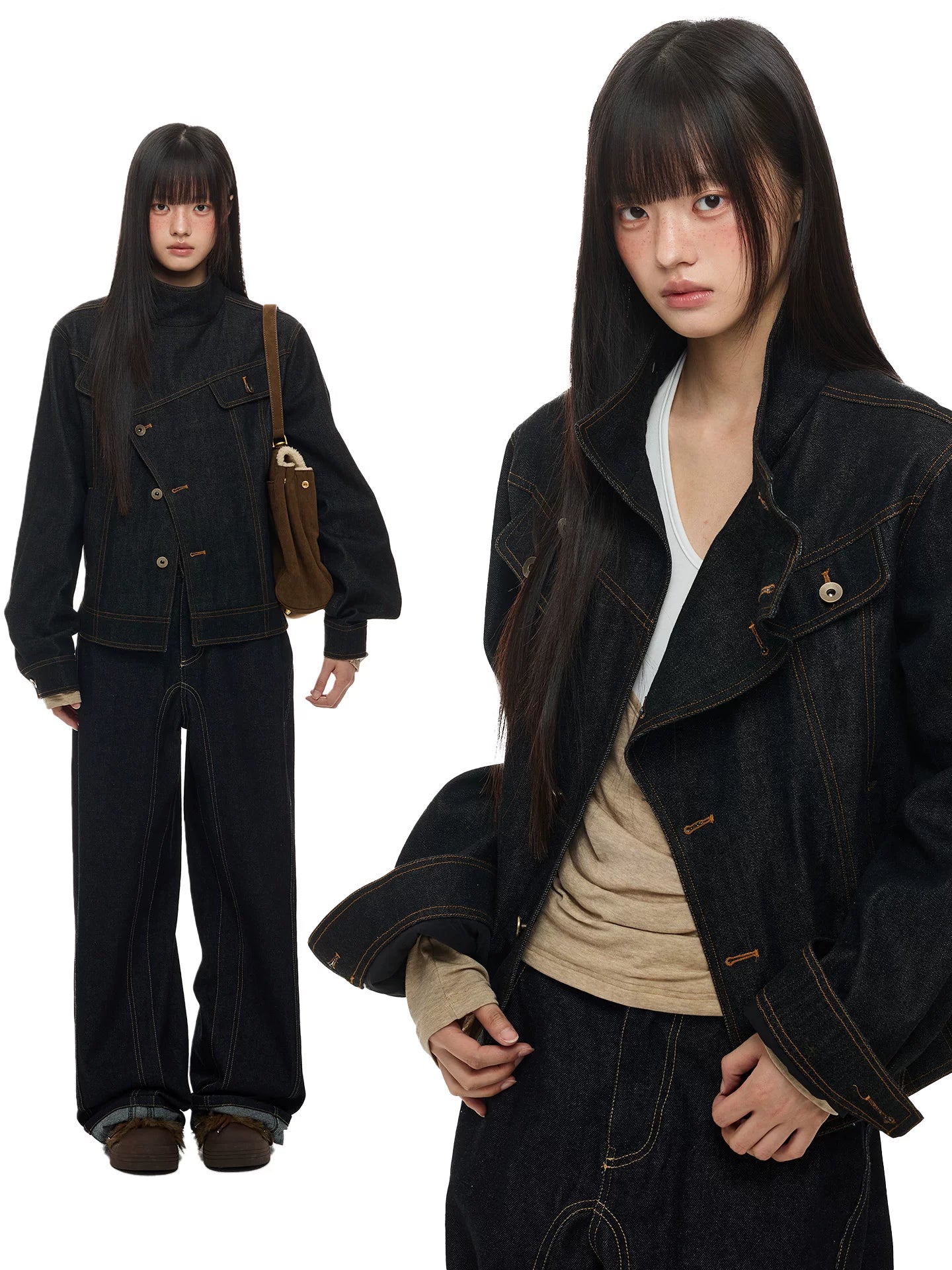 JIKOO Lapel Texture Denim Jacket