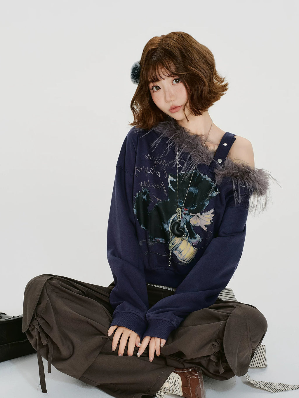 Girlyhalo Vintage Fur Collar Print Slash Shoulder Long Sleeve Sweater