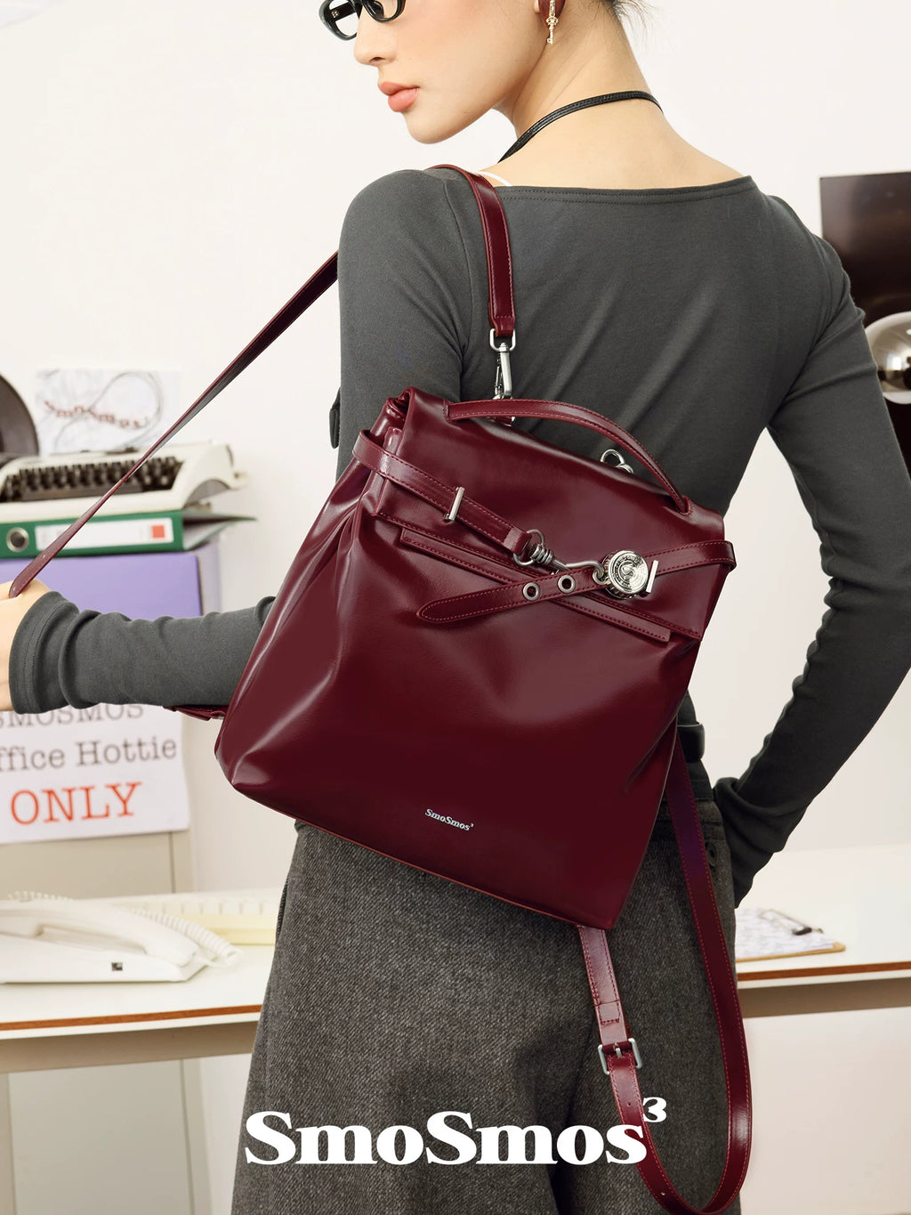 SmoSmos Red Faux Leather Magnetic Snap Backpack