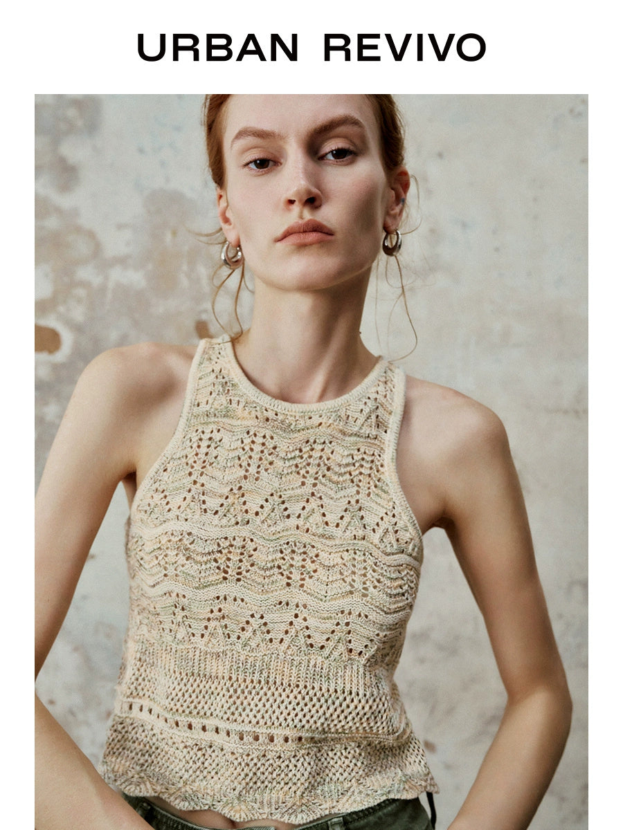 URBAN REVIVO Lazy Crochet Wavy Edge Sleeveless Knitted Sweater