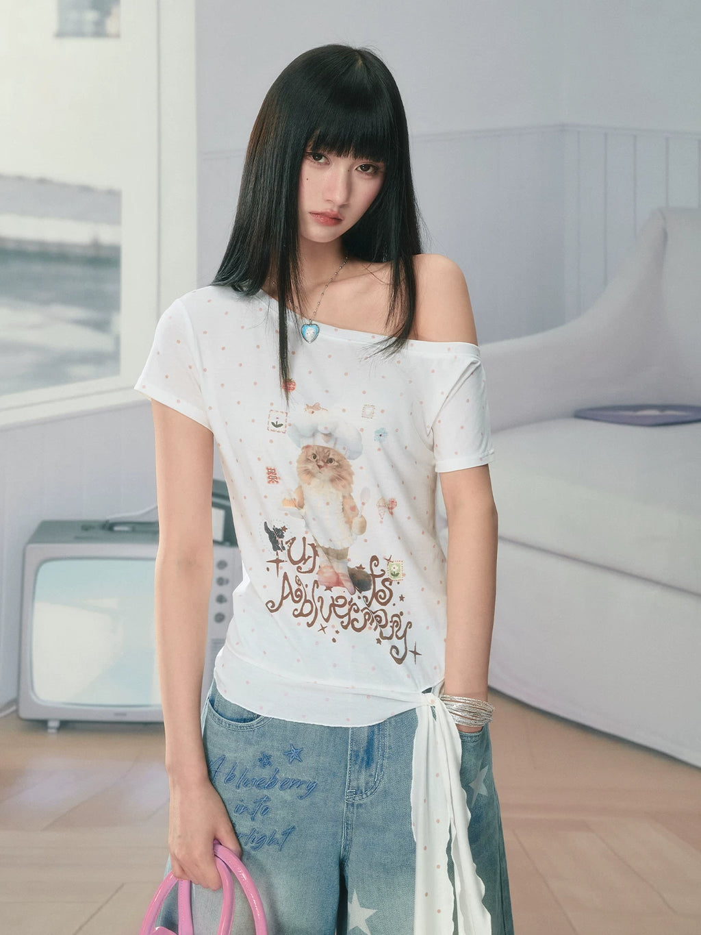 Ablueberry Cat Polka Dot Slanted Shoulder Tee