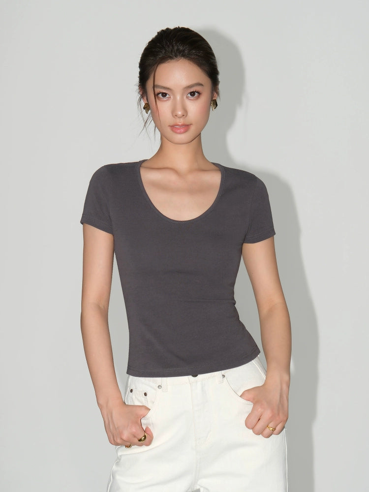 NEVA HU U Neck Short Shoulder Slim Tee