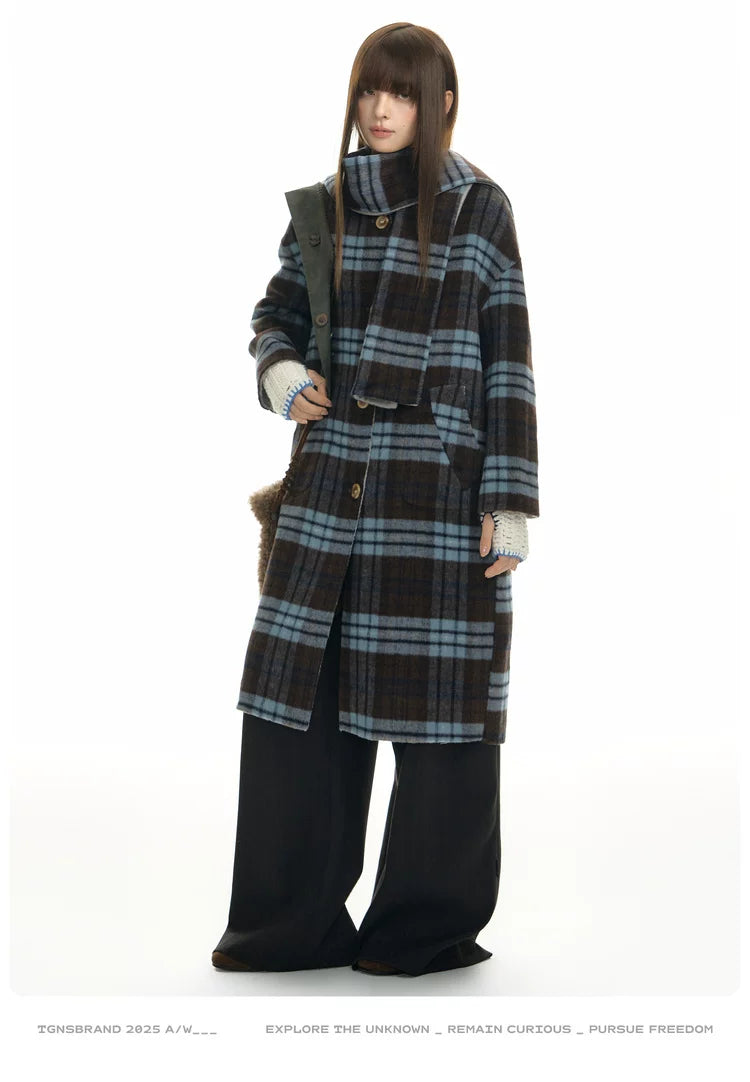 TGNS Plaid Scarf Double-sided Tweed Coat