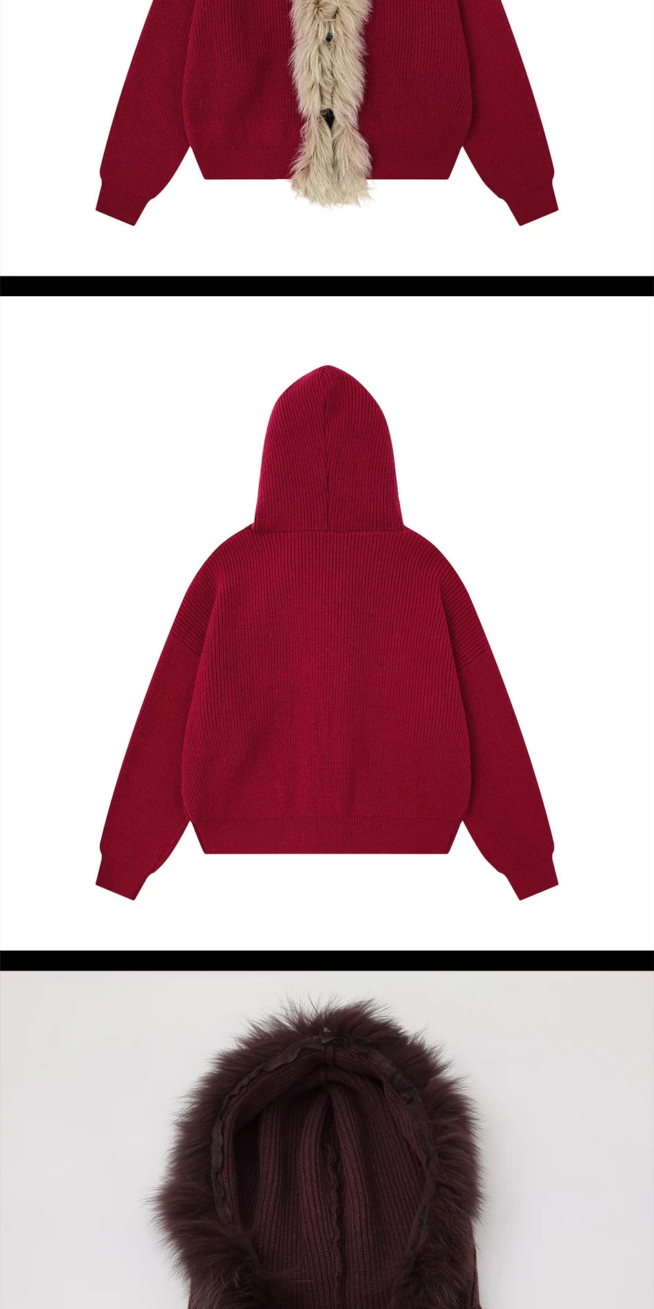 Zuocisankon Retro Big Fur Collar Hooded Knitted Sweater
