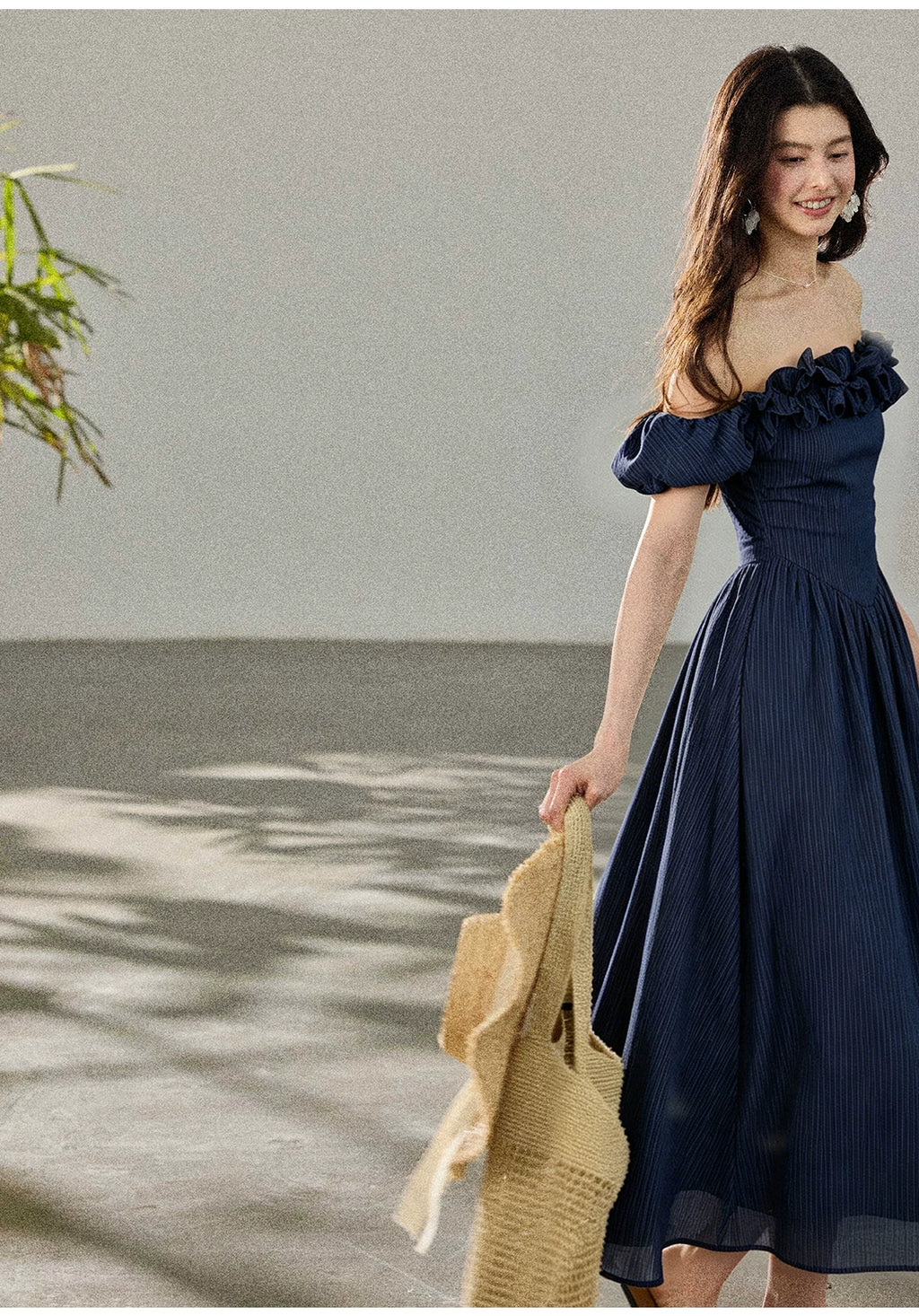TYANG Two Wear Three-dimensional Ruffle Edge One-word Shoulder Striped Dress