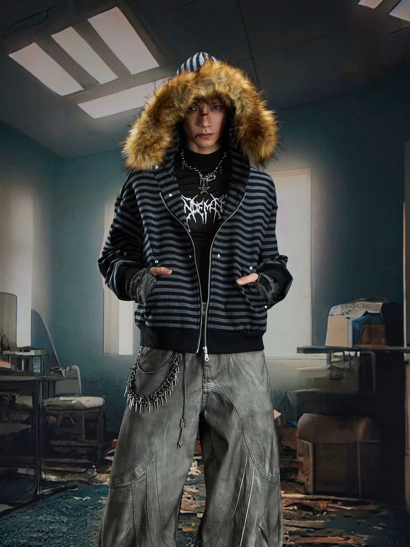 NOMANIAI Hairy Stitching Striped Zipper Hooded Sweater Jacket