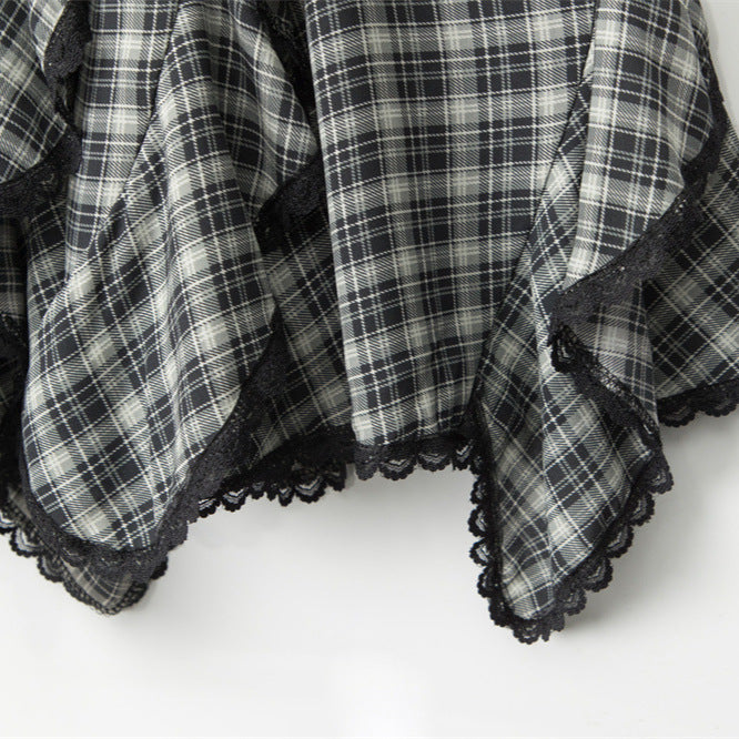 Nariele Korean Irregular Lace Plaid Skirt