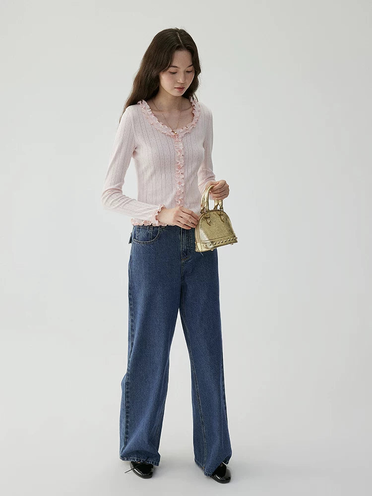 VOOE Fungus Lace U-Neck Sweet Long Sleeves