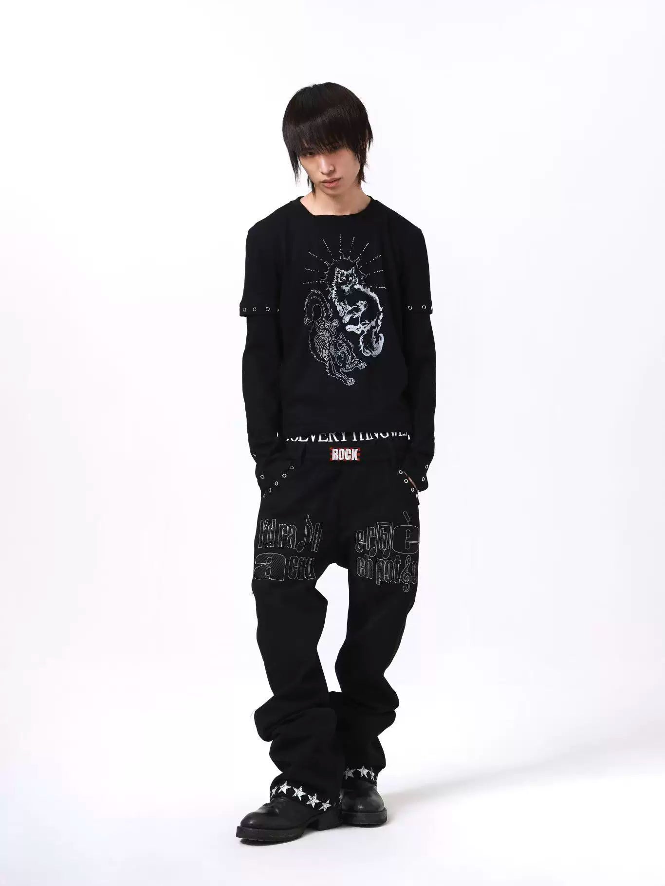DETW Fake Two Pieces Micro-elastic Thin Metal Embellished Long Sleeves