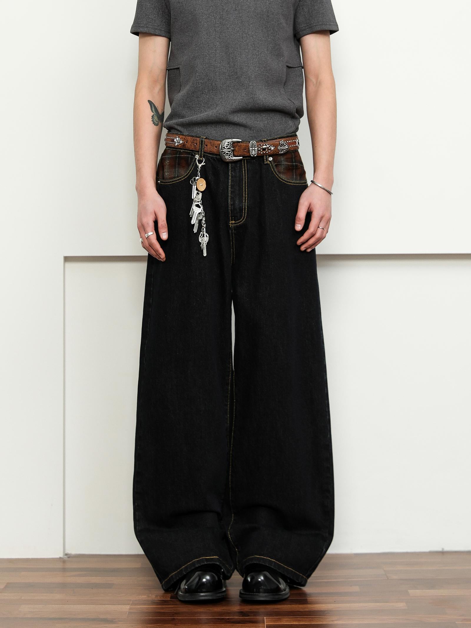 FLYOFF Splicing plaid JAPENESE RAW DENIM jeans