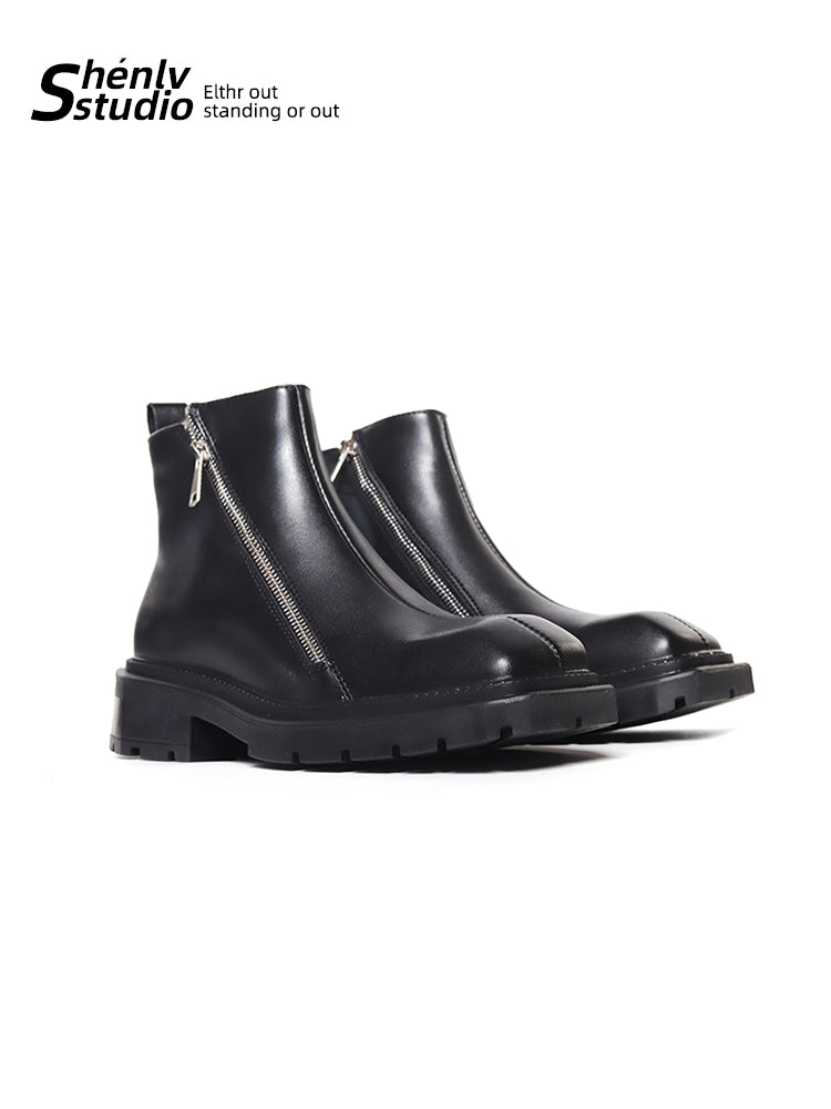 SHENLV StuIO Double Zipper Short Boots Yuppie High-top Leather Shoes