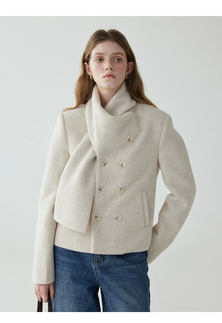 VOOE Scarf Collar Double-breasted Front-shoulder Woolen Jacket