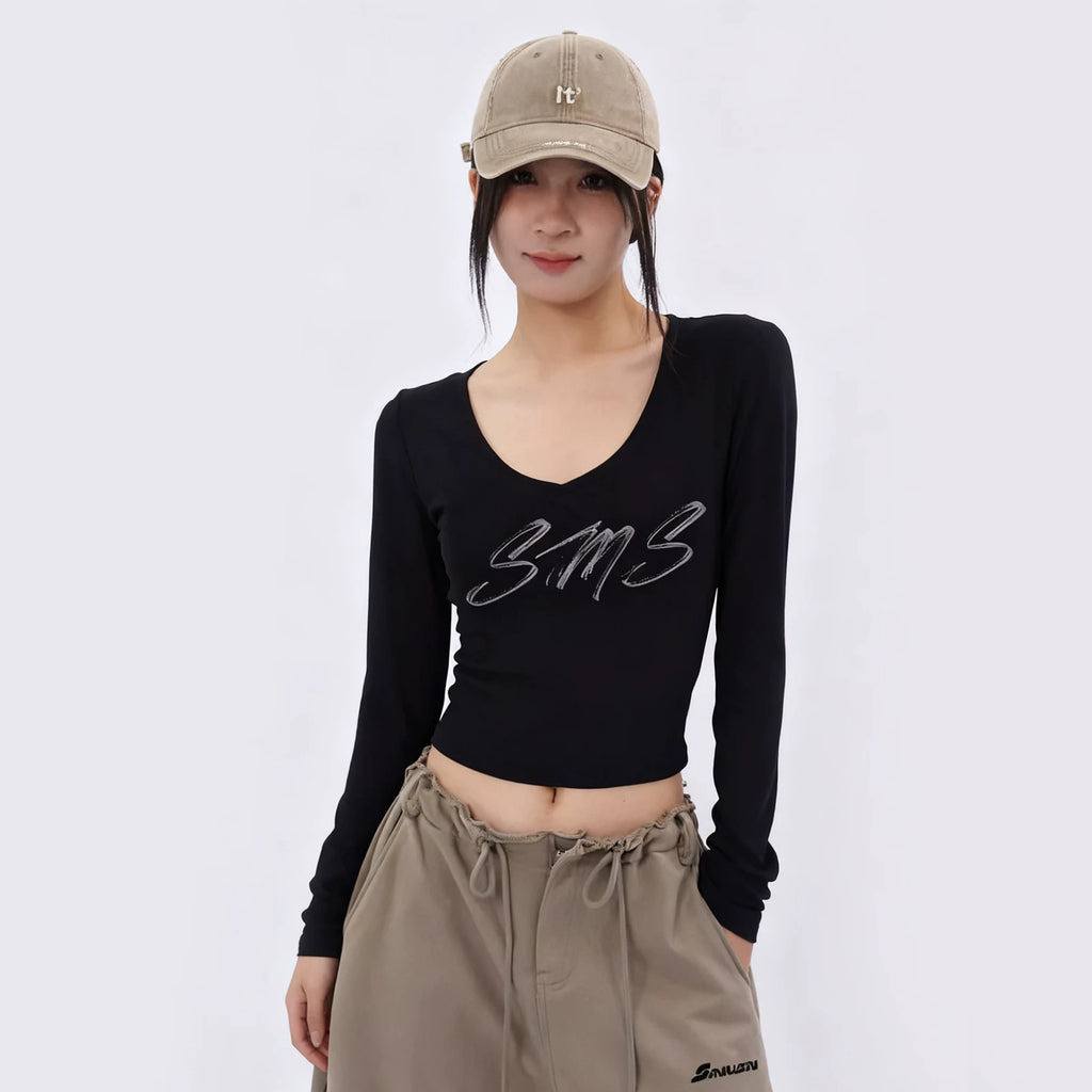 SAMUSAN V-neck Slim-fitting and Thin Skin-friendly Long-sleeved T-shirt