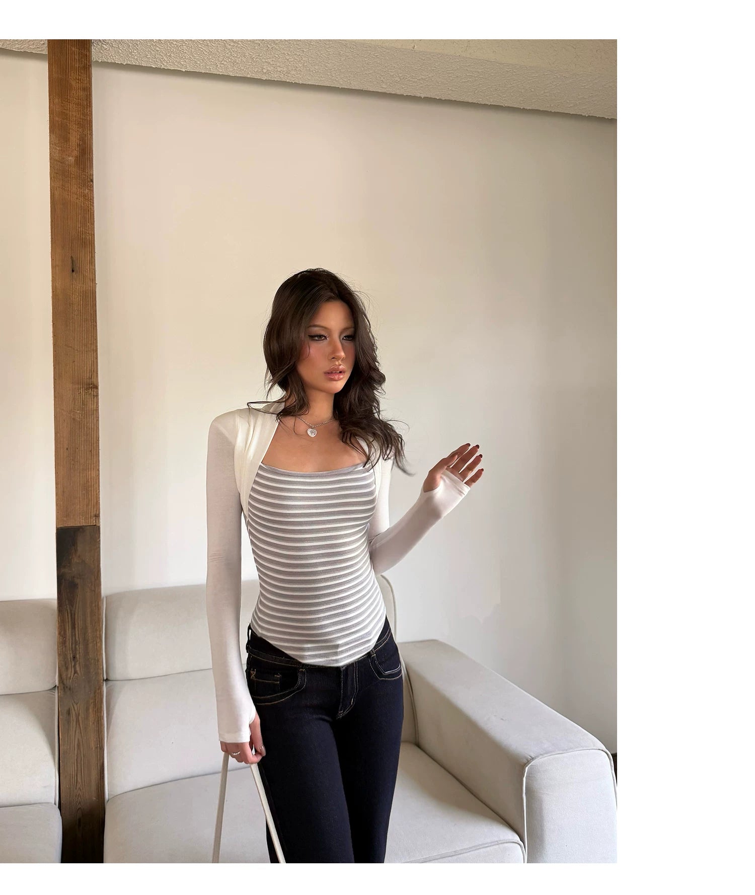 Audwyn Fake Two Pieces Skinny Waist Long Sleeves