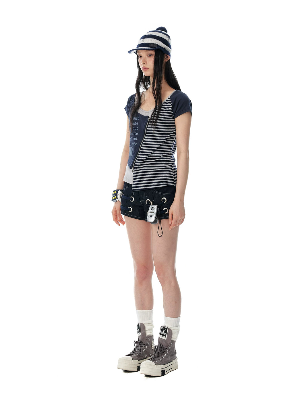 JIKOO Fake Two-piece Shoulder Sleeve Striped Tee