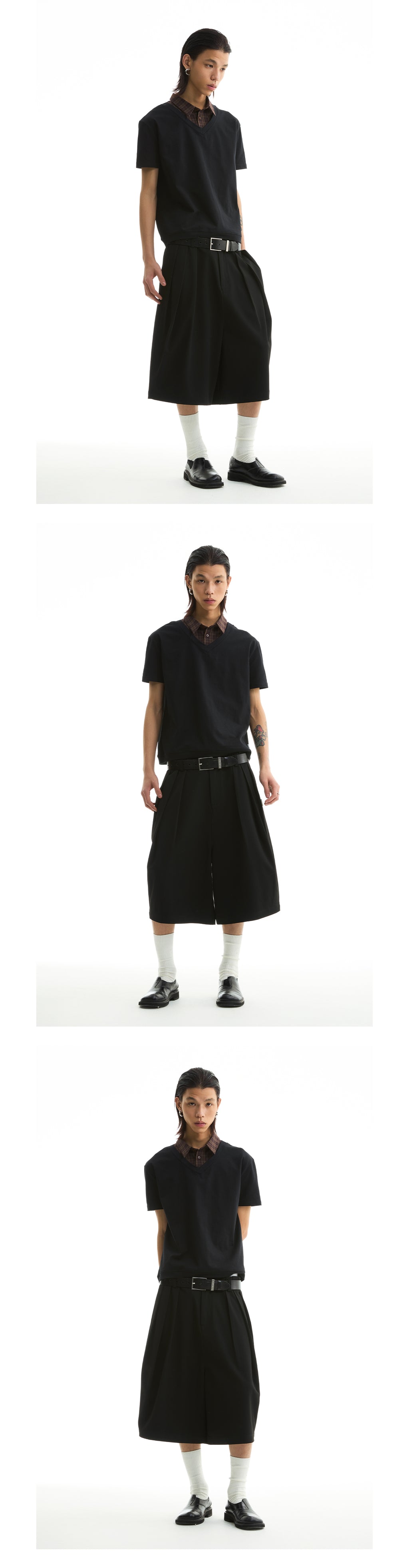 FUNKYFUN 2025SS Double-piece pleated design waistless wide five-point low-crotch trousers shorts