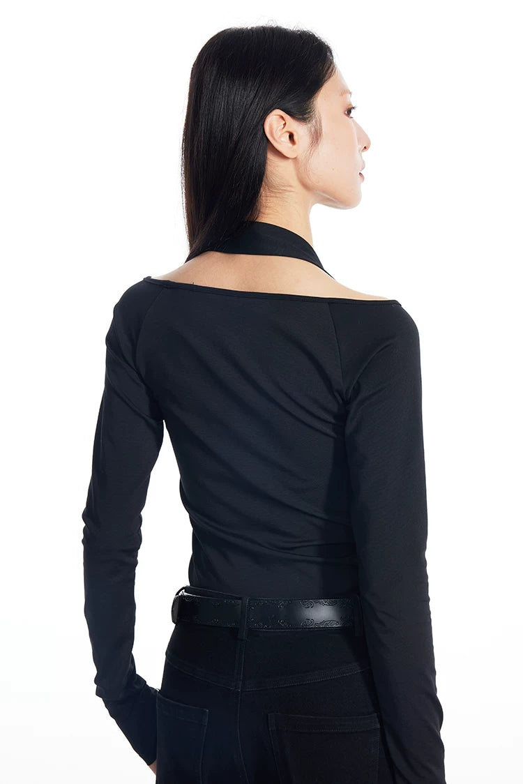 THELIGHT Pleated Metal Buckle Decorative Off-the-shoulder Long Sleeve