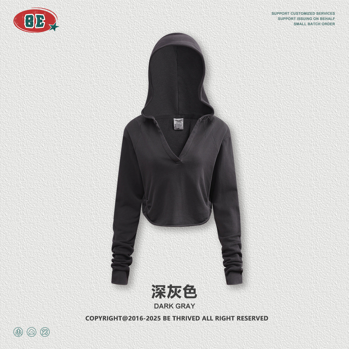BE Retro V-neck Pleated Short Half-open Neck Hooded Long Sleeves