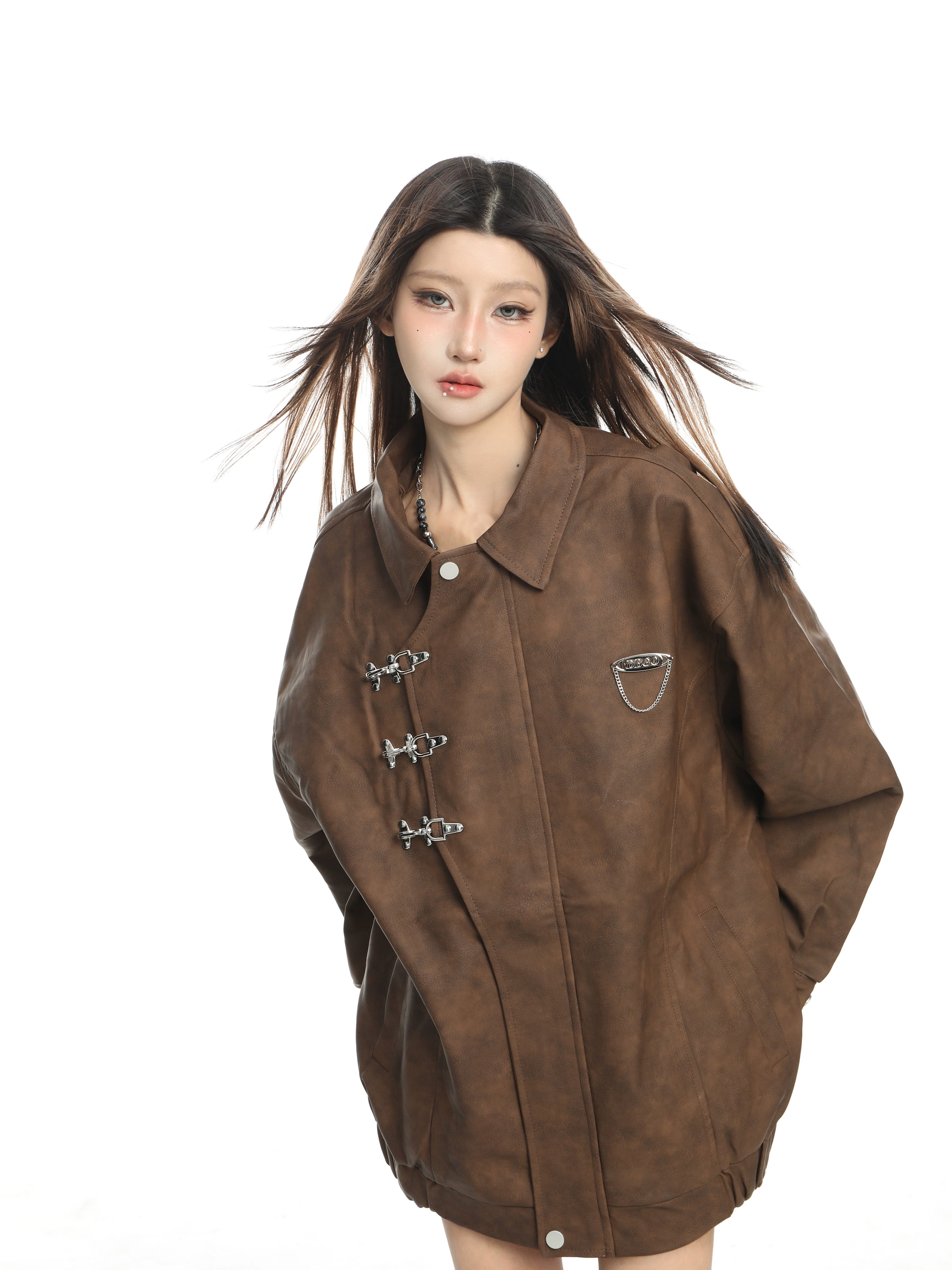 KDASE Vintage Suede Metal Buckle Lapel Leather Jacket