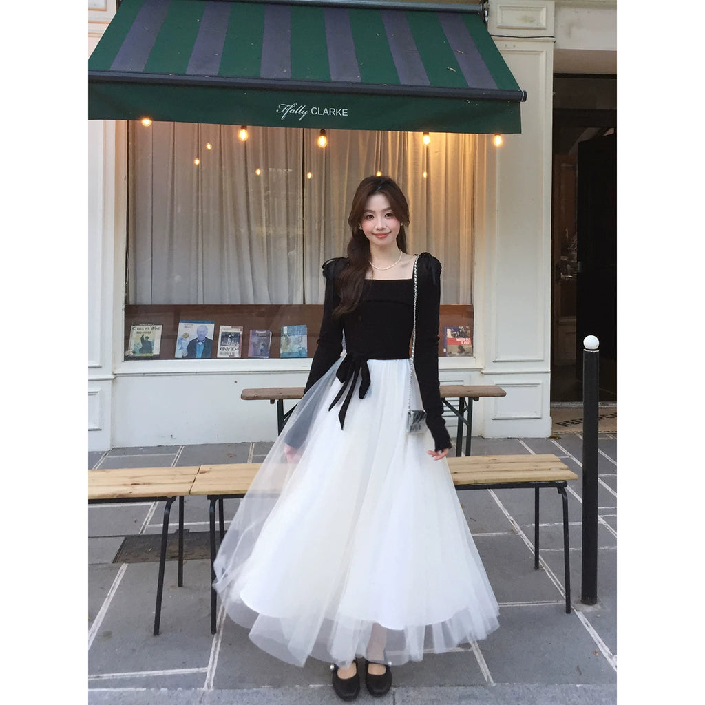Even Square Collar Daughter Pinched Waist Thin Dress