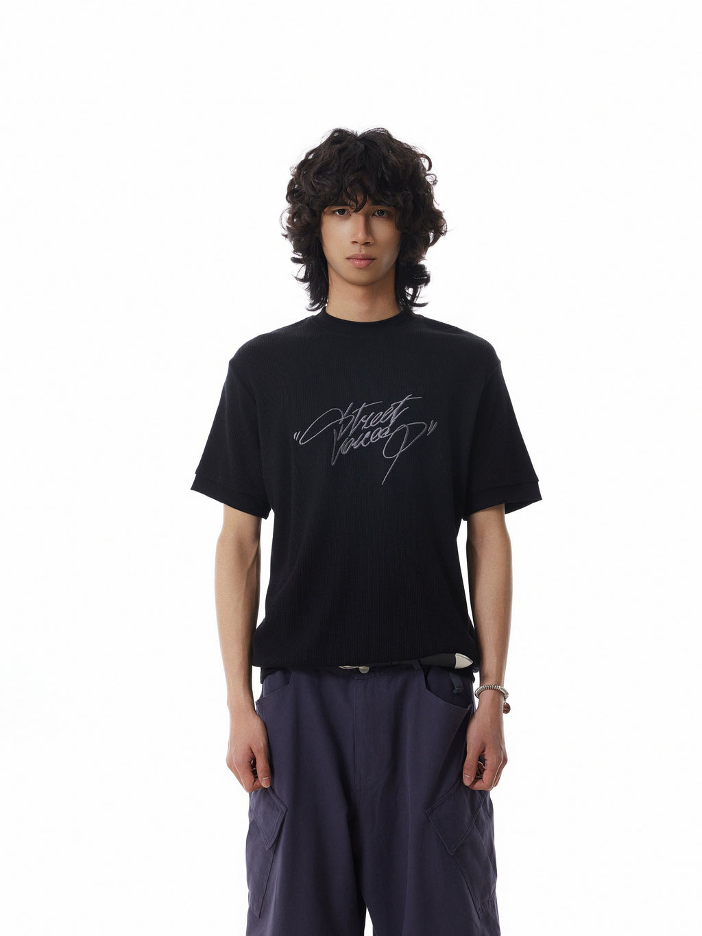BTSG Embroidery Letter Waffle Threaded Cuff Tee