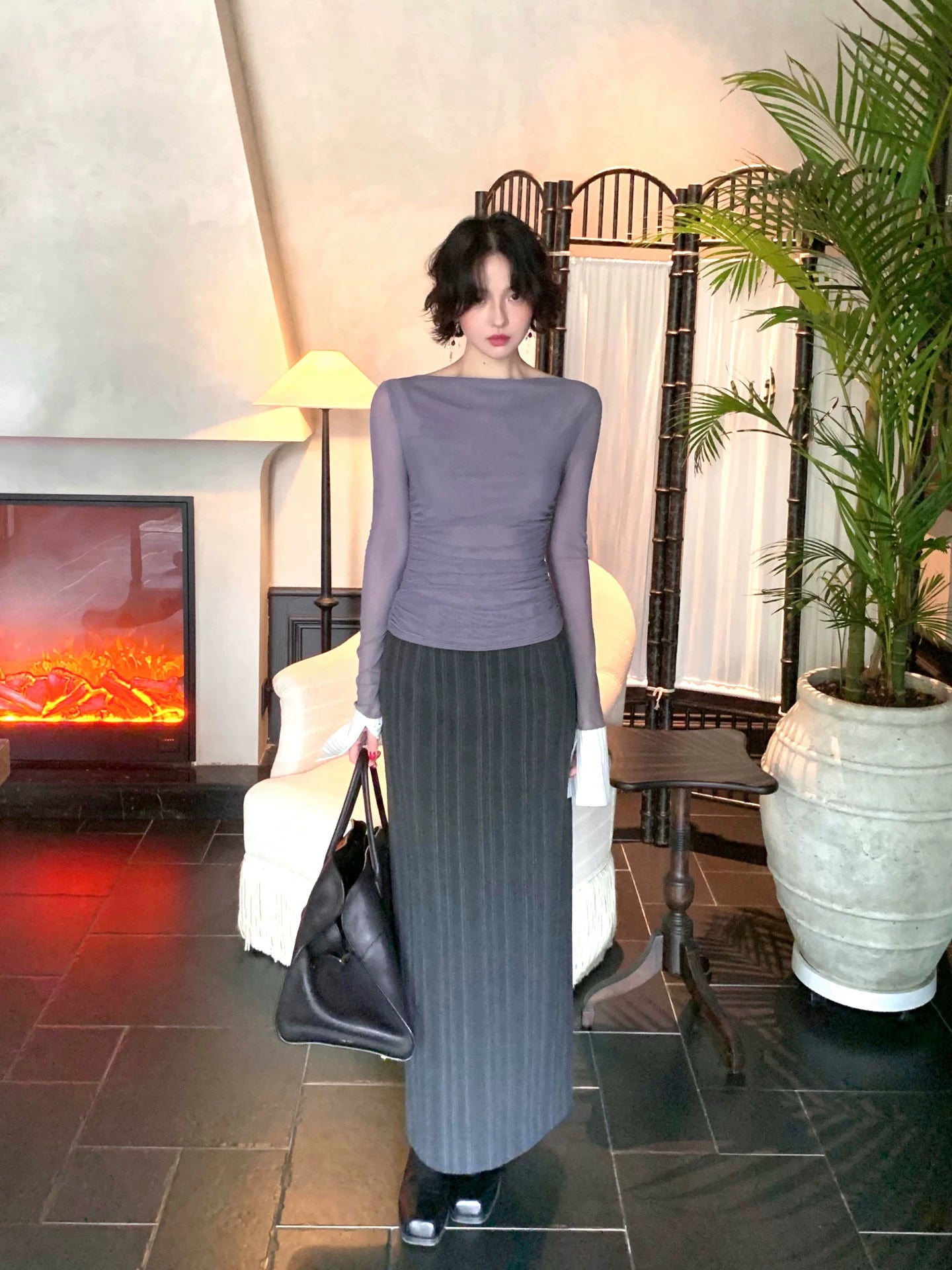 KELIFAN Retro High-waisted Long Striped Skirt