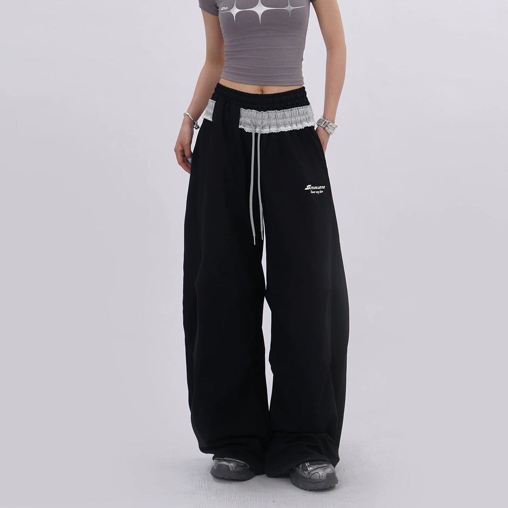 SAMUSAN Double-waisted Lace Contrasting Sports Slacks