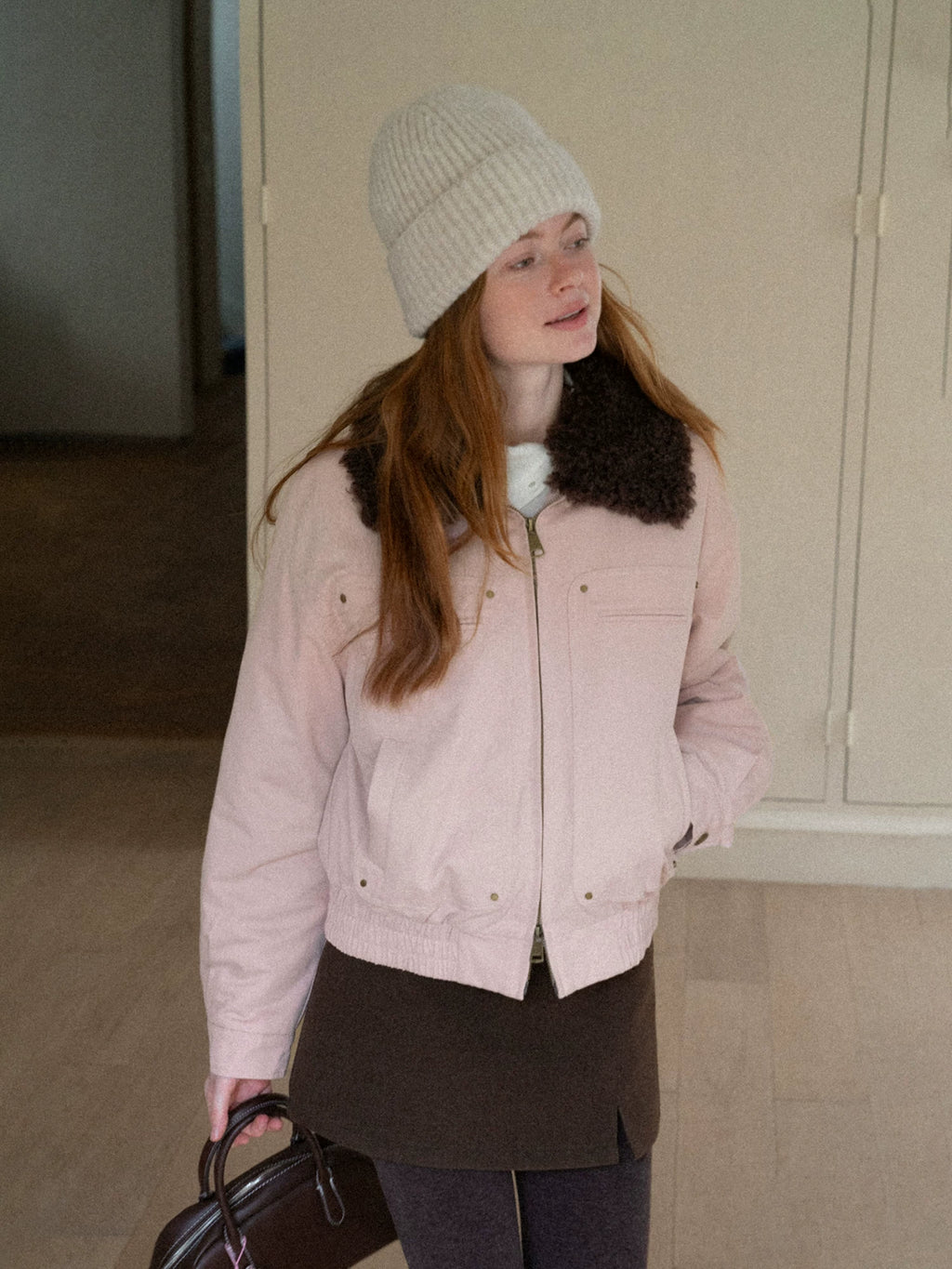 EGGKA Detachable Fur Collar Cargo Jacket Cotton Short Coat