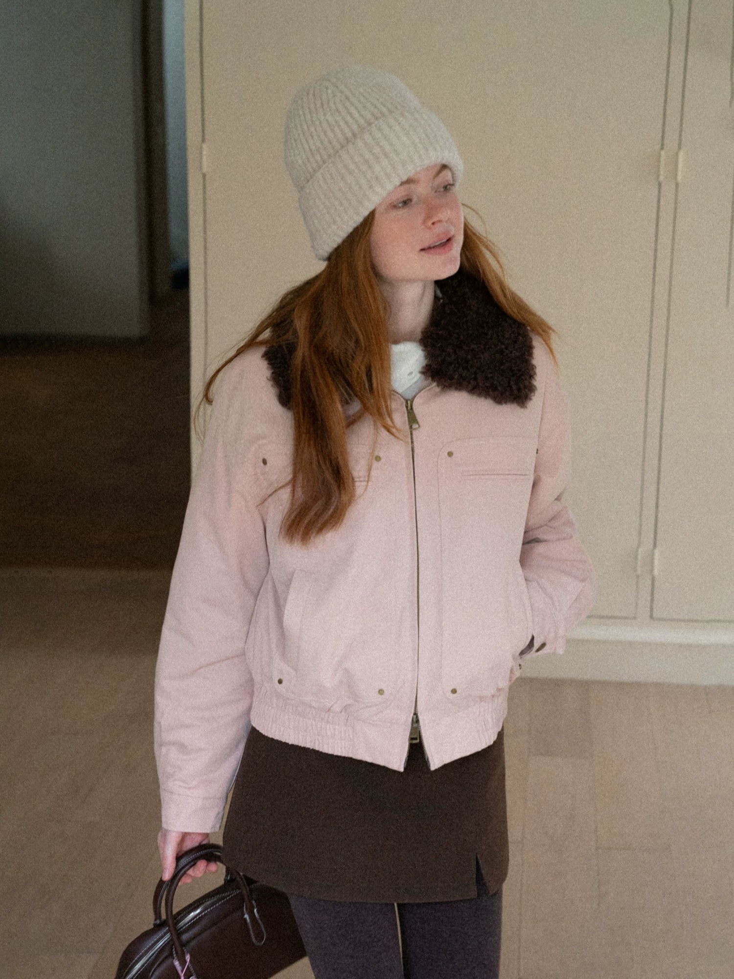 EGGKA Detachable Fur Collar Cargo Jacket Cotton Short Coat