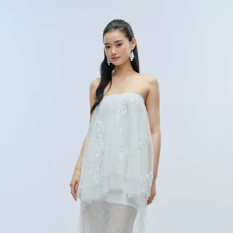 J TheChosen Pleated Sequined Streamer Lace Mesh Skirt Set