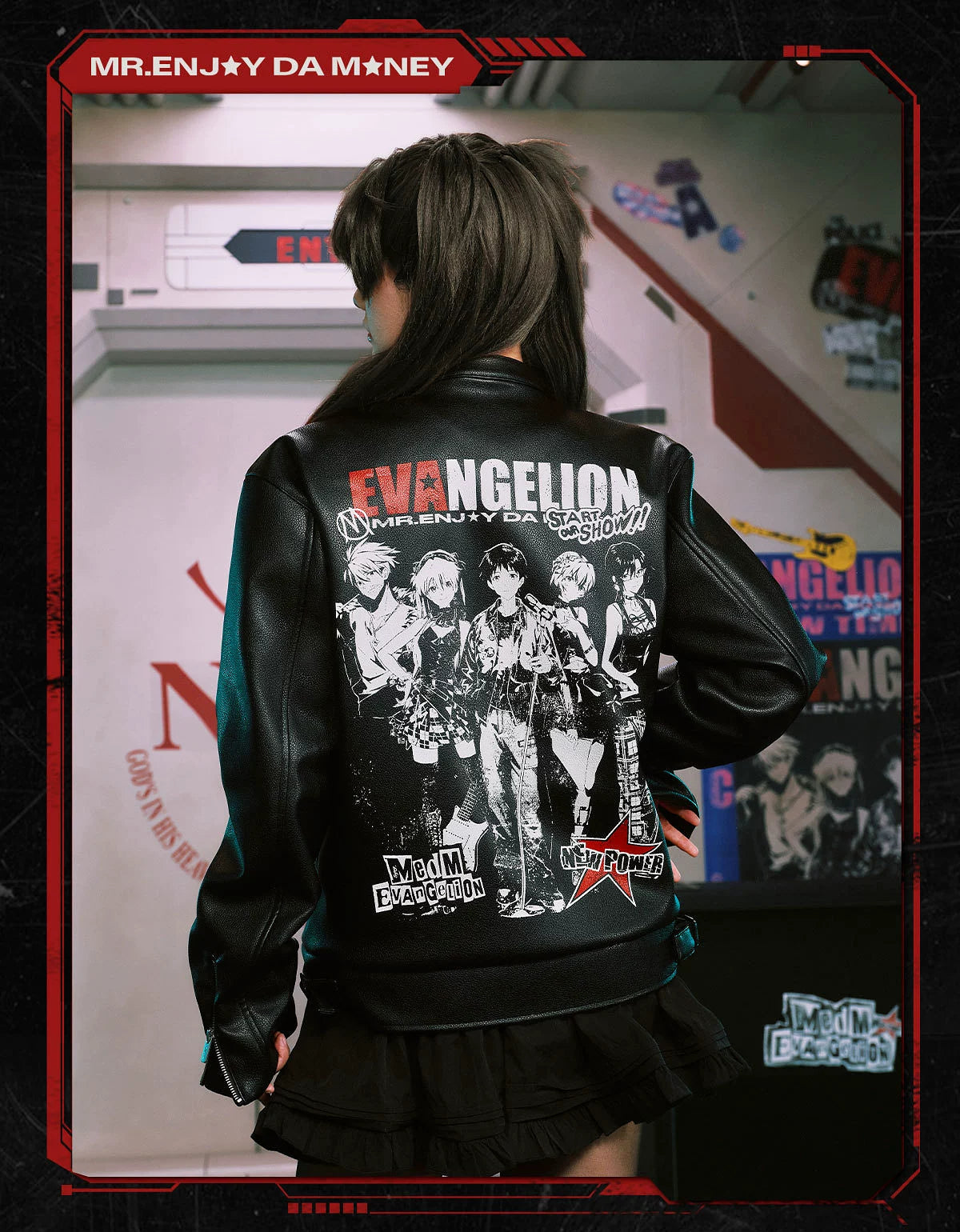 MEDM Flame Print Casual Zip Leather Jacket