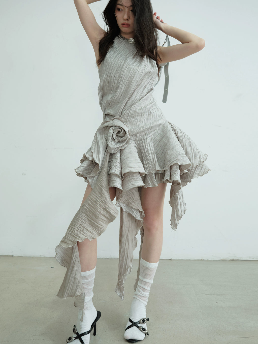 JNYLON Vintage Pleated Irregular Ruffle Dress