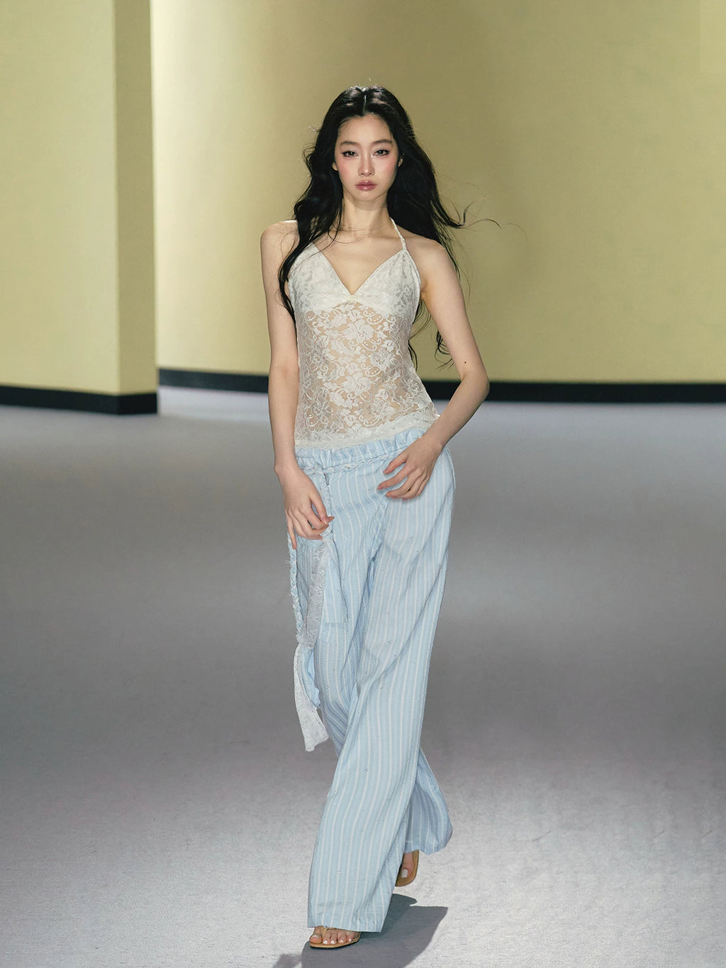 AGAM Striped Braided Drawstring Belt Slim Wide-leg Pants