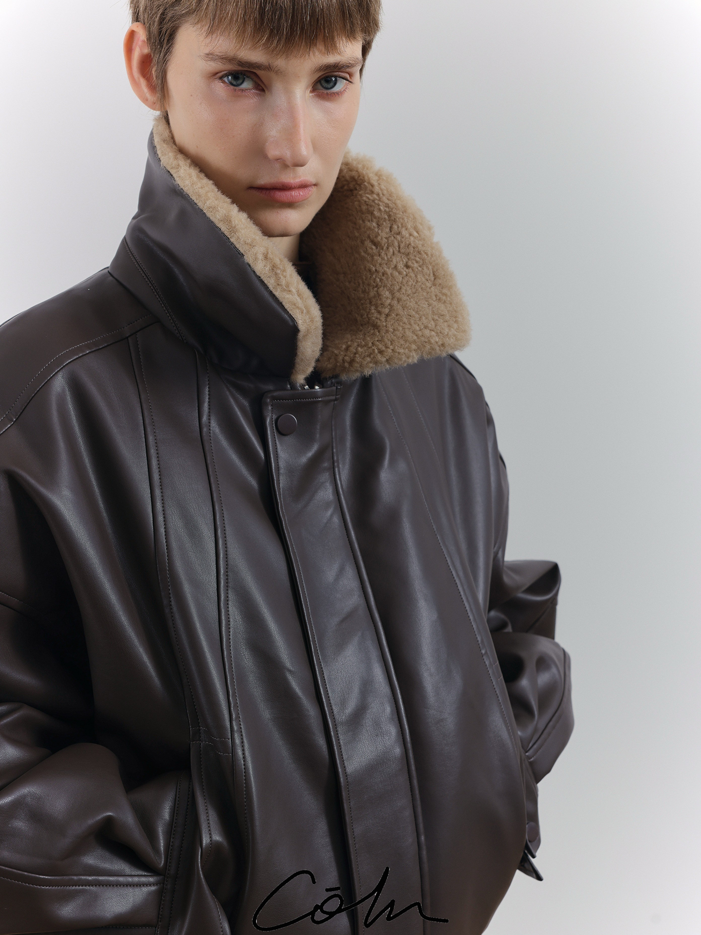 COLN PU Leather Jacket Sweater Collar Cotton Jacket