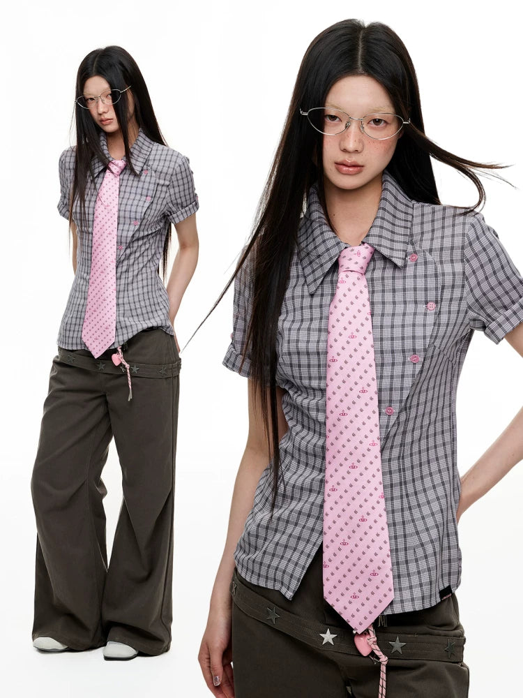 JIKOO Contrasting Checked Waist Shirt