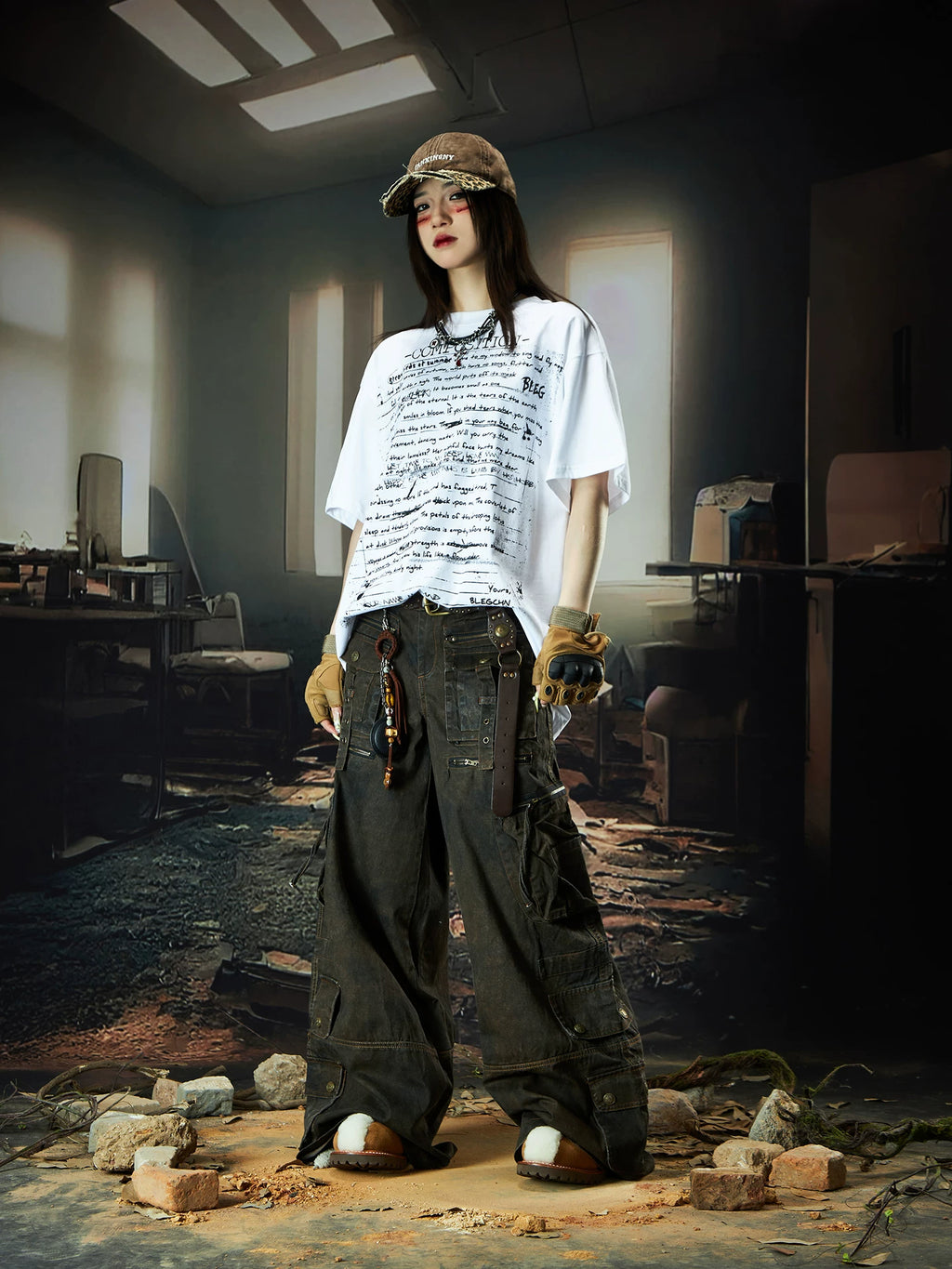 NOMANIAI Multi-pocket Streamer Zipper Splicing Layered Casual Pants