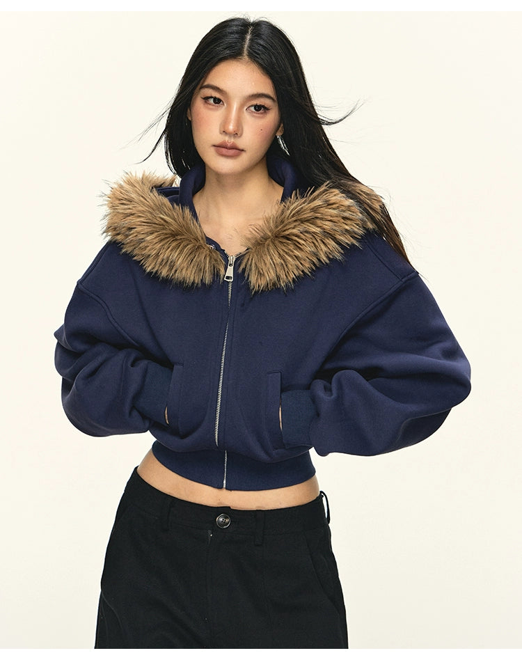 Anna Aneae Hooded Zip Fur Collar Slim Fit Short Jacket