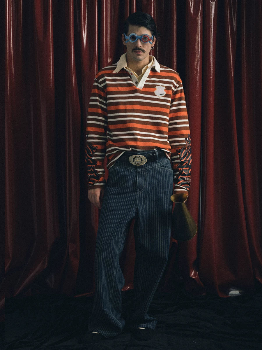 TREclub Vintage Striped Embroidered Epaulettes Polo Shirt Long Sleeve
