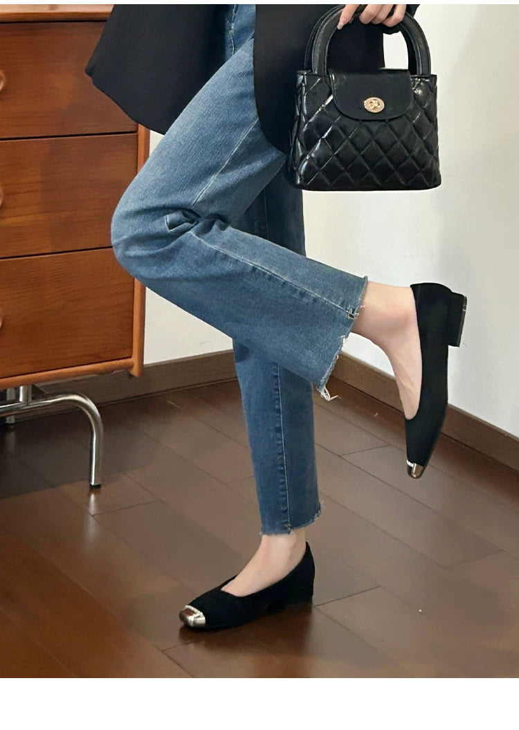 CHRNDXEE Splicing Metal Square Head Shallow Mouth Low Heel Single Shoes