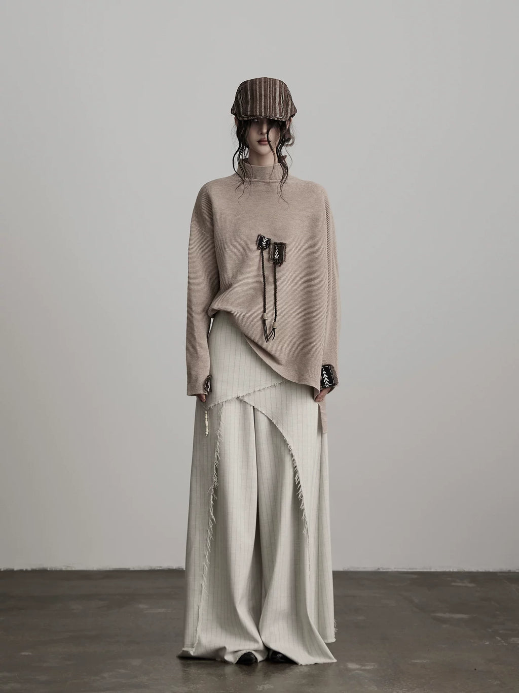 INDULGE Irregular Striped Scimitar Wide-leg Slacks