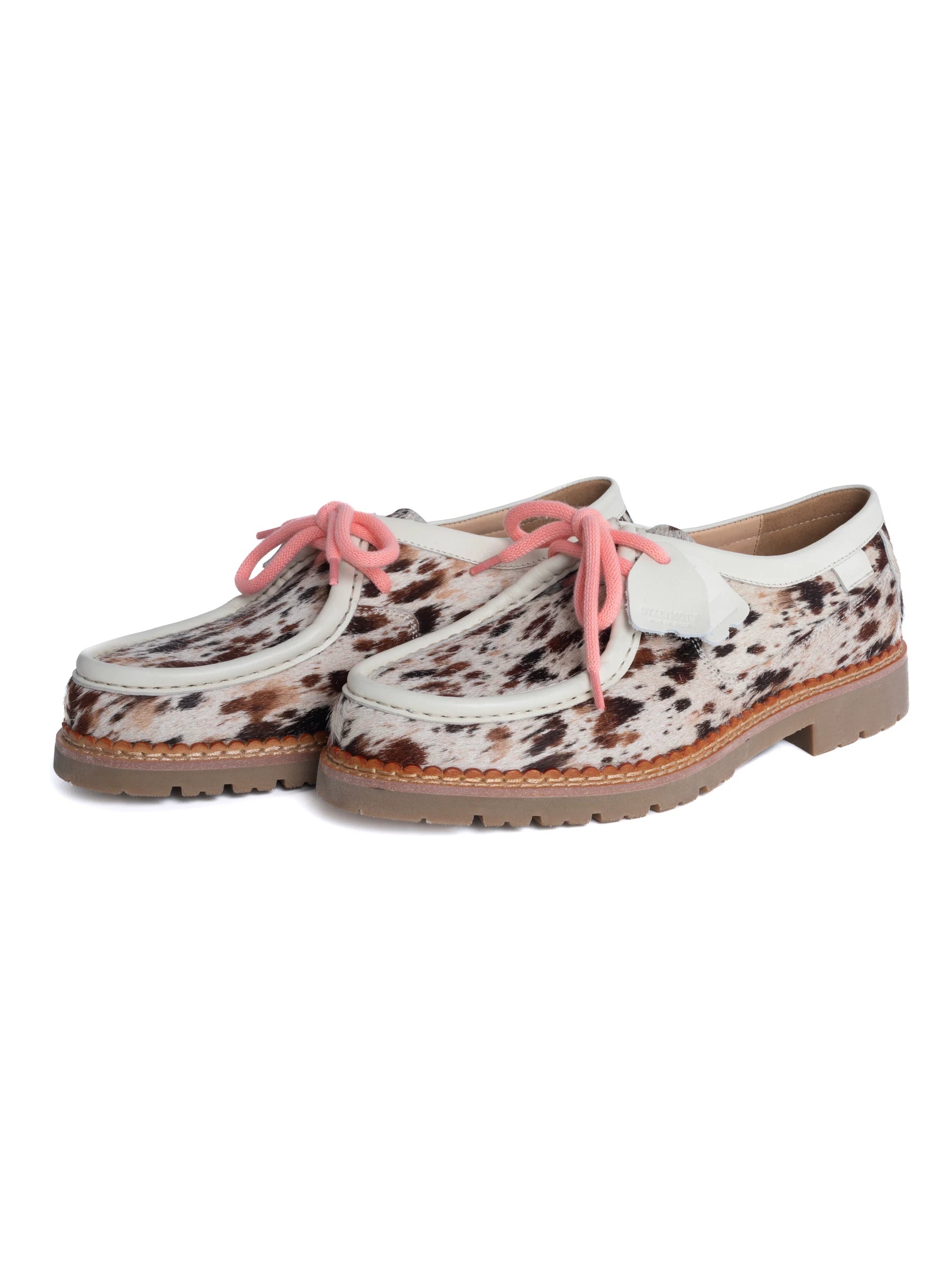 DYZZYMOTIF Cow Print Hair-On Leather Lace-Up Boat Shoe
