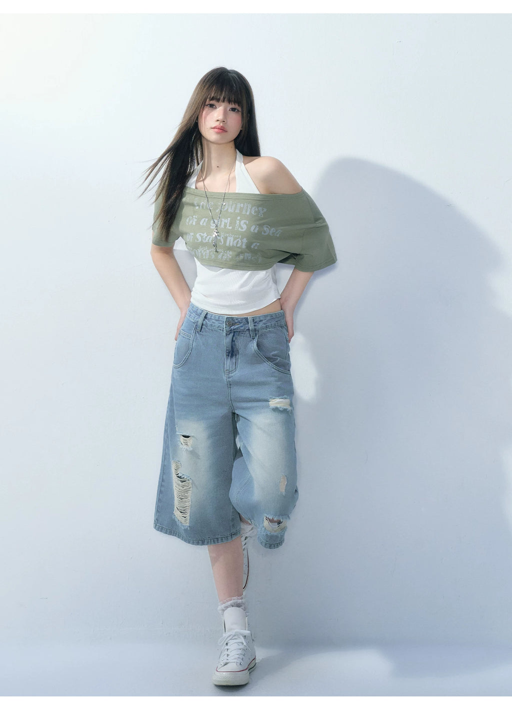 Ablueberry Slanted Shoulder Casual Versatile Tee