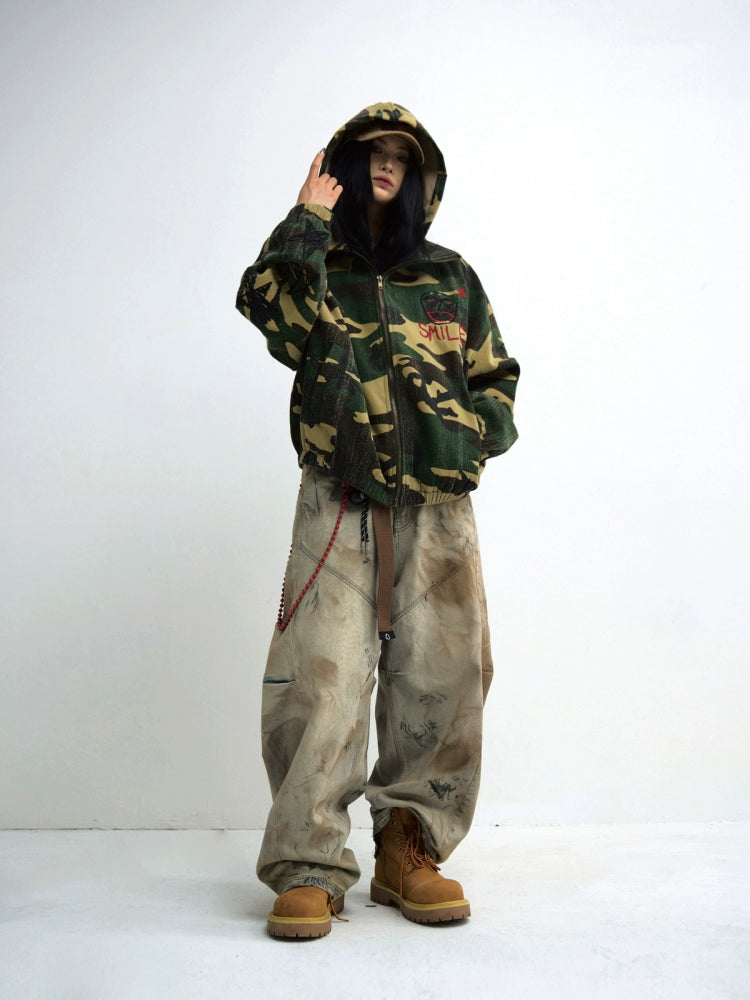 PEOPLESTYLE Yellow Mud Dyed Heavy Industry Dirty Wash Wide Leg Jeans