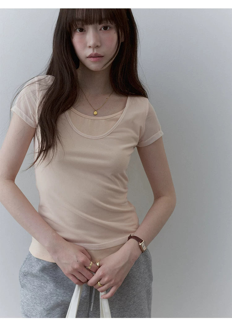 VOOE Fake Two-piece Splicing Mesh Slim Tee
