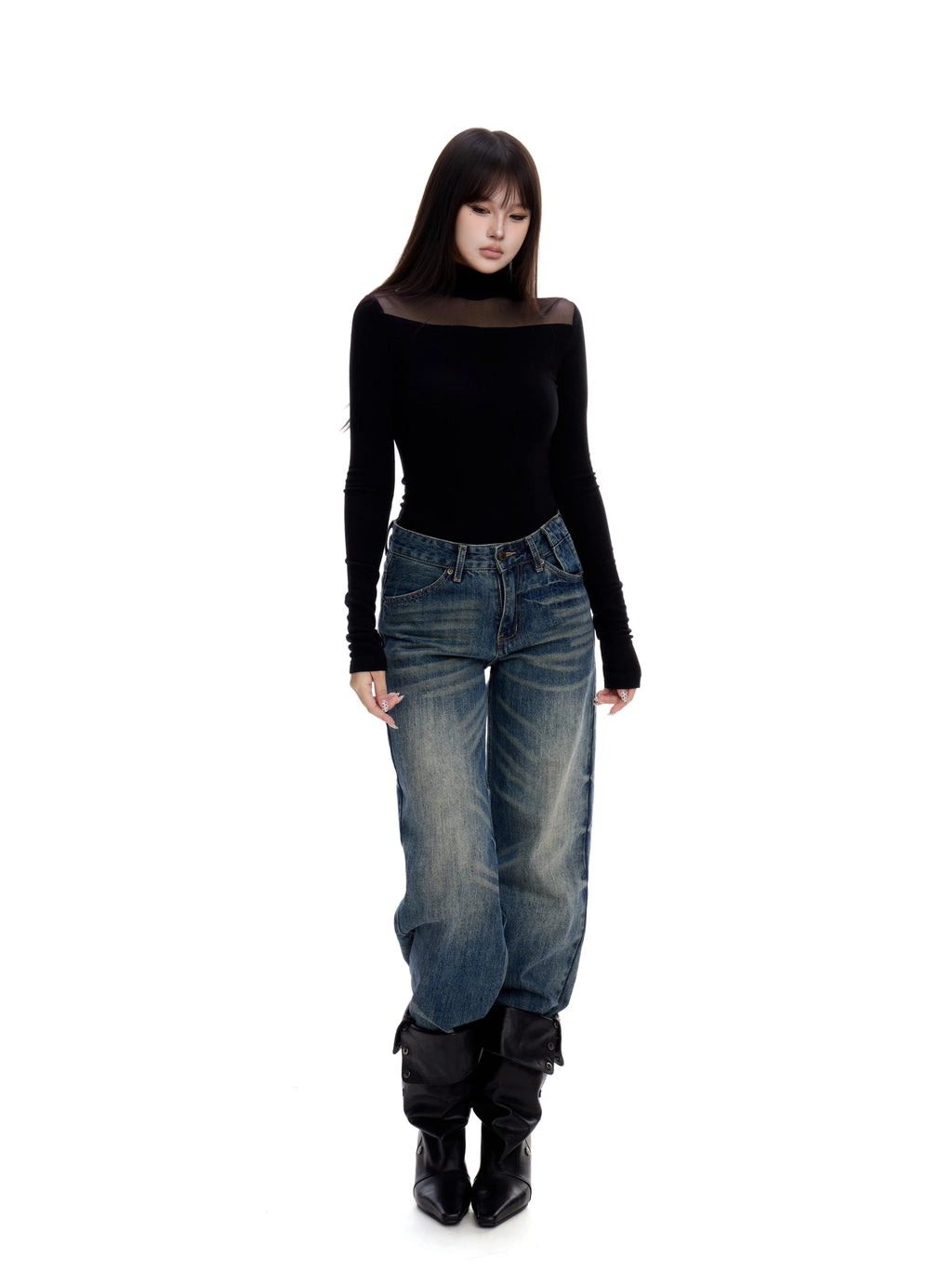 WITHMIN Semi-turtleneck Hollow Slim Bottom Long Sleeve