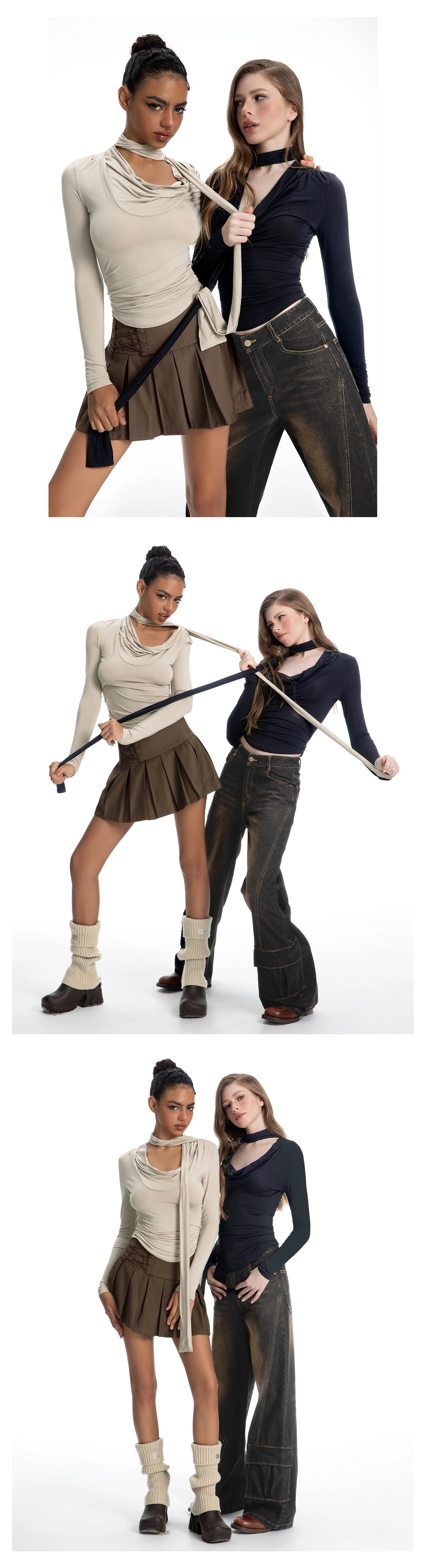 ABMY Swinging Neck Pleated Slim Fit Long Sleeve