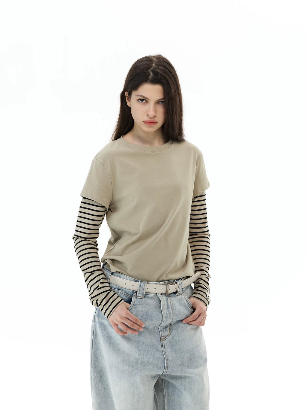 WLNEXT Vintage Fake Two-Piece Striped Front Shoulder Long Sleeve