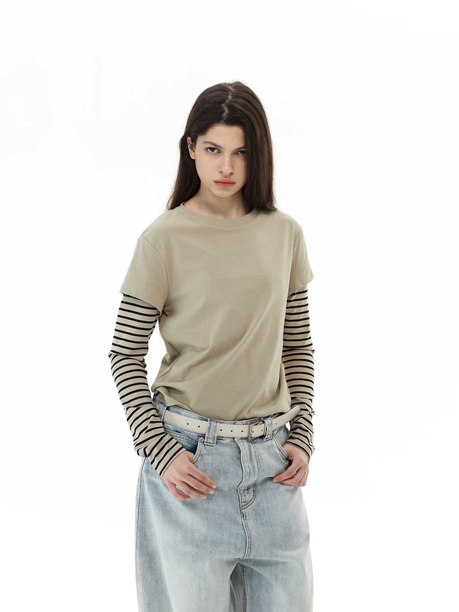 WLNEXT Vintage Fake Two-Piece Striped Front Shoulder Long Sleeve